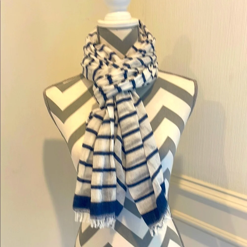 Nautical Blue White Striped Women's Fringe Scarf Shawl Wrap Blanket One Size